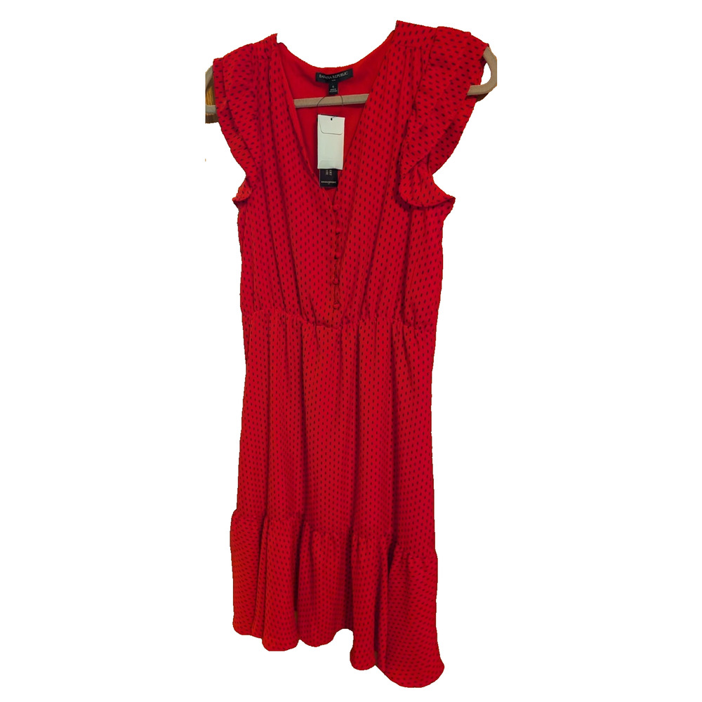 NEW Banana Republic Red‎ w Black Polkadot Ruffle Dress Flutter Sleeve Size 8